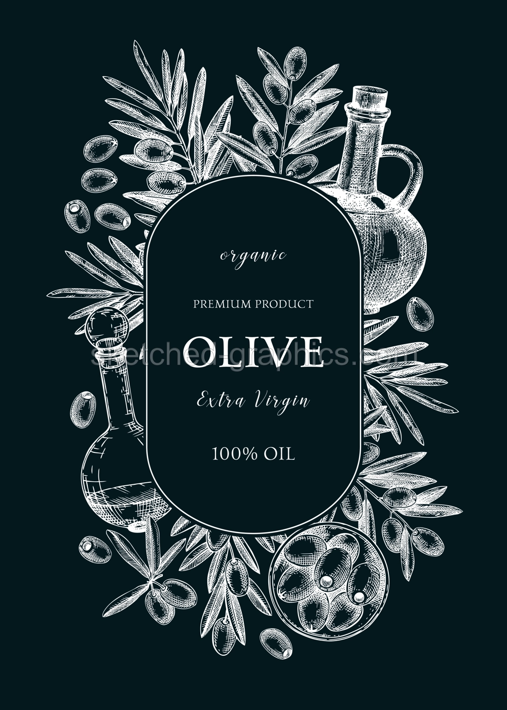 Olive oil wreath design on chalkboard. Hand-drawn vector illustration. Olive tree branches, glass bottle, olives sketches. Italian food ingredient. Vegetable oil background Illustration